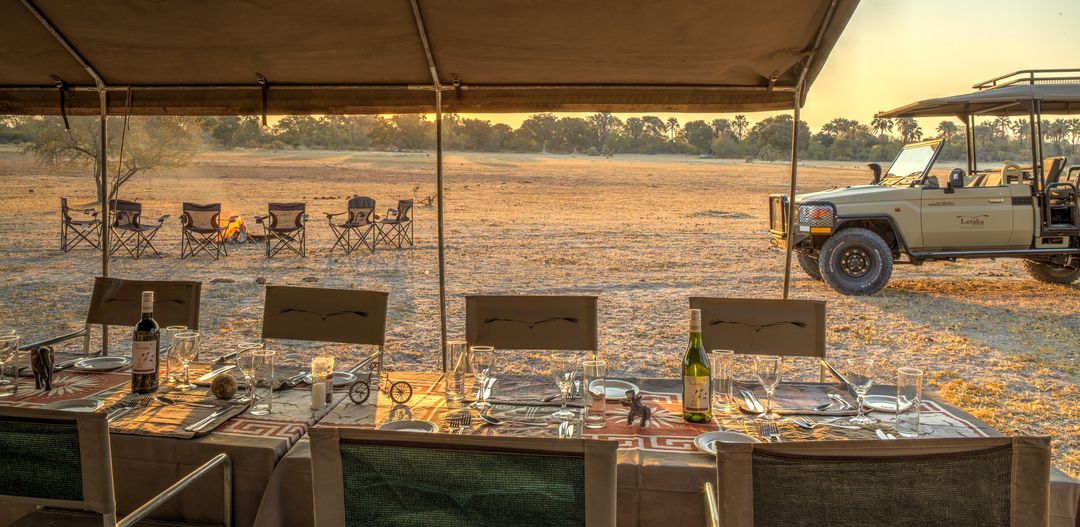 The dining area at a mobile tented safari operated by Letaka Safaris in Botswana.